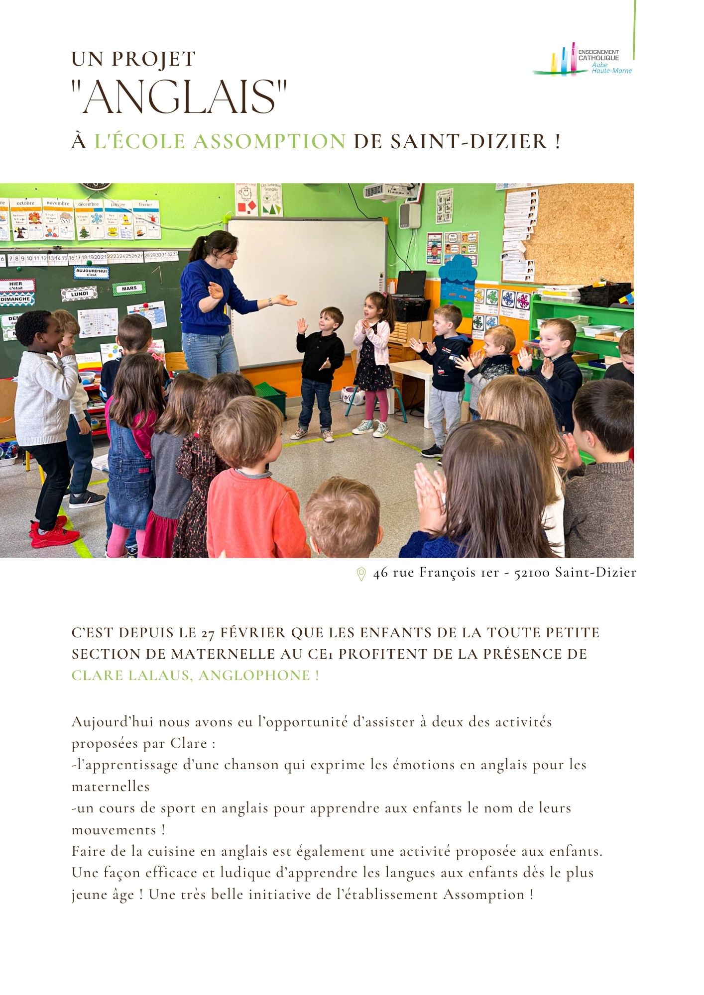 Un projet « anglais » à l&rsquo;école Assomption de Saint-Dizier !