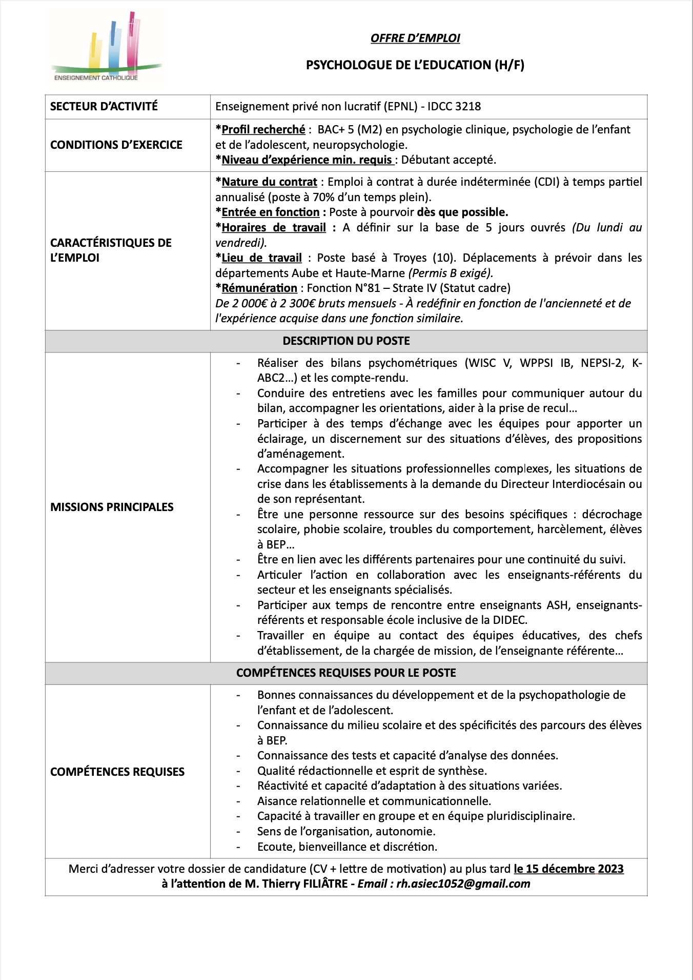 L&rsquo;Enseignement Catholique recrute sa/sa psychologue de l&rsquo;éducation !